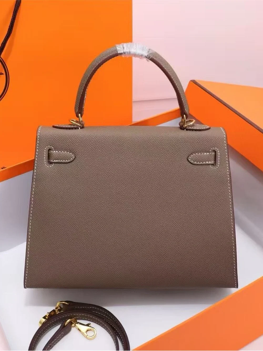 Structured Top-Handle Satchel in Taupe with Gold Hardware